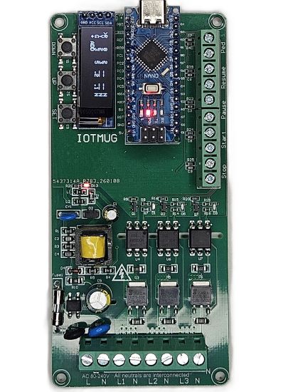 Picture of 3 Channel Programmable Custom AC Light VOLT Sequncing Board with OLED Display, External Control Inputs, Arduino-Compatible, Custom Timing & Flash Modes Sequencer - Traffic Light Controller